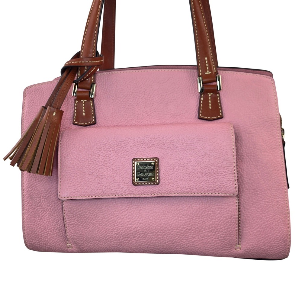 Dooney & Bourke Pink Pebbled Leather Shoulder Bag Brown Trim Tassel Logo Purse